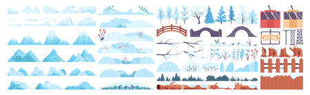 Winter landscape constructor set. Frozen trees, bushes, mountains and forestのイラスト素材