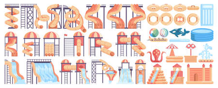 Aquapark items set. Water slides and pools collection. Inflatable floats.のイラスト素材