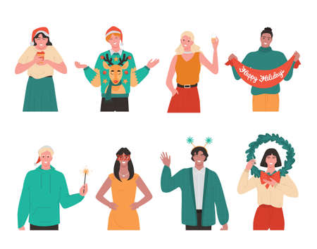 Young adult characters with christmas celebration items set. Friends celebratingのイラスト素材