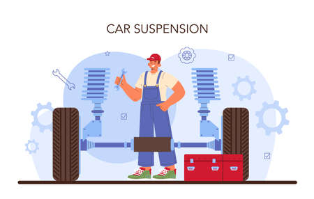 Car repair service. Automobile components got fixed in car workshopのイラスト素材