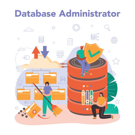 Data base administrator concept. Manager working at data centerのイラスト素材