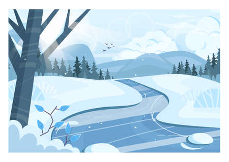 Winter landscape. Frozen river, pound or lake. Ice skating background.のイラスト素材