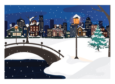 Winter landscape. City park landscape. Beautiful houses with snowのイラスト素材