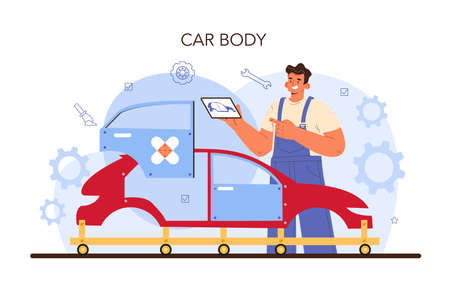 Car service. Automobile got fixed in garage. Mechanic in uniformのイラスト素材