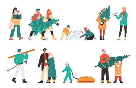 People spending time outdoor in winter set. Characters in warm clothesのイラスト素材