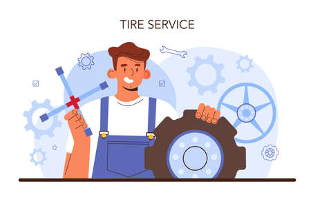 Car tire service. Worker changing a tire of a car. Camber and alignmentのイラスト素材