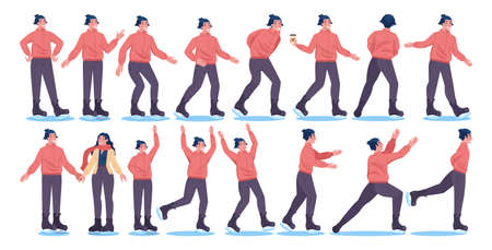 Man wearing ice skates. Ice skating character in different poses. Winter outdoorのイラスト素材