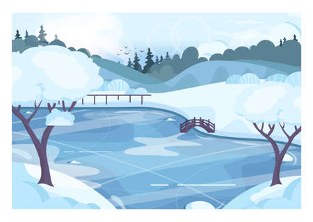 Winter landscape. Frozen river, pound or lake. Ice skating background.のイラスト素材