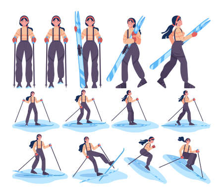 Woman wearing and holding skis. Skiing female character dressed in outerwearのイラスト素材