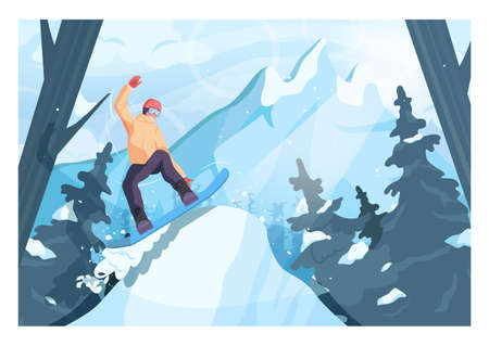 Male character on snowboard, freeriding. Snowboarder riding and jumpingのイラスト素材