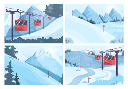Winter ski resort landscape set. Ski and snowboarding paths with ski liftのイラスト素材