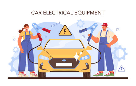 Car repair service. Automobile electrical components got fixed in car workshopのイラスト素材
