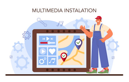 Car repair service. Automobile multimedia systems got fixedのイラスト素材