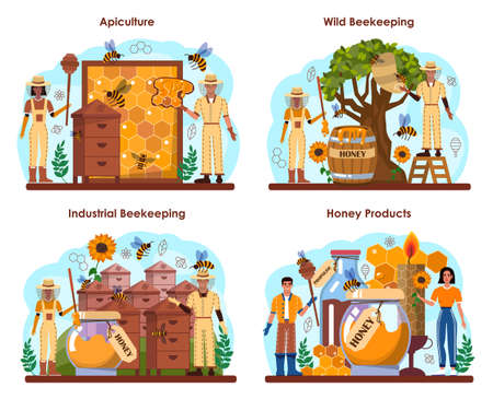 Hiver or beekeeper concept set. Apiculture farmer gathering honey.のイラスト素材