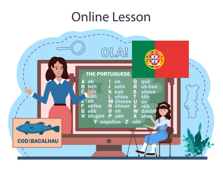 Portuguese language learning online service or platform. Language schoolのイラスト素材