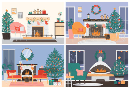 Christmas living room interior set. Modern cozy and stylish apartmentのイラスト素材