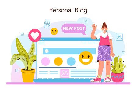 Blogger concept. Character sharing media content in the internetのイラスト素材