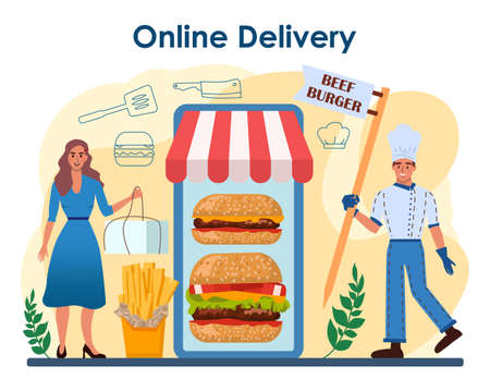 Burger house online service or platform. Chef cook tasty hamburgerのイラスト素材