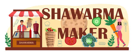 Shawarma maker typographic header. Chef cooking delicious streetのイラスト素材