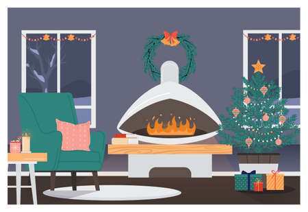 Christmas living room interior. Modern cozy and stylish apartmentのイラスト素材