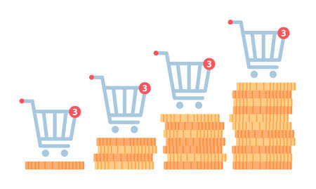 Inflation concept. Rising stacks of coins with shopping cart. Money valueのイラスト素材