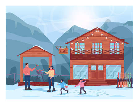 Winter bbq concept. Family grilling hot dogs in outdoor kitchen, skiのイラスト素材