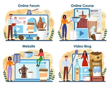 Barista online service or platform set. Bartender making a cup of hot coffeeのイラスト素材