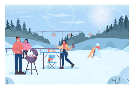Winter bbq concept. Family children grilling hot dogs, ski resort bbq party.のイラスト素材