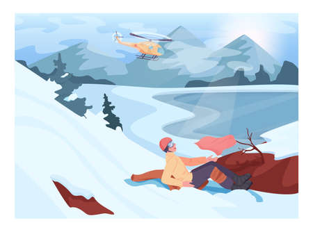 Ski resort finding people operation. Rescue helicopter looking for victims.のイラスト素材