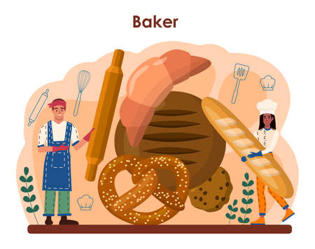 Baker concept. Chef in the uniform baking bread. Baking pastryのイラスト素材