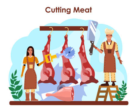 Butcher or meatman concept. Fresh meat and semi-finished productsのイラスト素材
