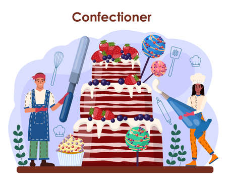 Confectioner. Professional confectioner chef maling sweets. Bakerのイラスト素材