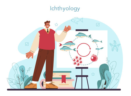 Ichthyologist concept. Ocean fauna scientist. Practical studyingのイラスト素材