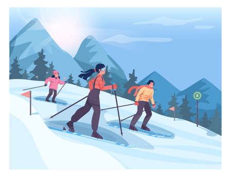 Family wearing an outerwear skiing. Skiing characters, mom, dad and kidのイラスト素材