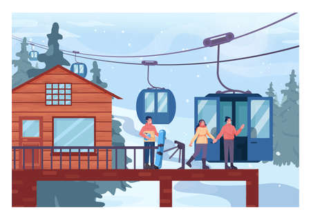 Ski lift platform. Aerial lift lifting up people to a slope top. Winterのイラスト素材