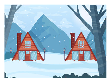 Wooden cottage houses, chalet in winter mountains. Ski resort hotel in pineのイラスト素材