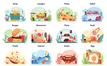 Different food set. Restaurant chef cooking meal and making drinksのイラスト素材