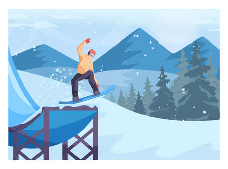 Male character on snowboard jumping from a trampoline. Snowboarderのイラスト素材