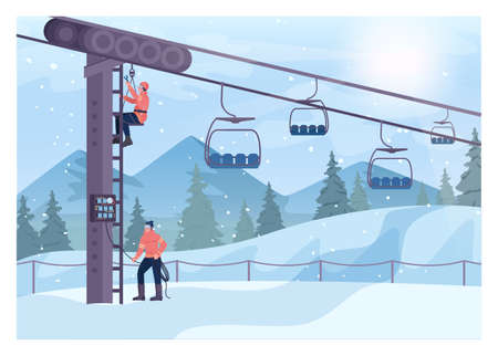 Ski resort maintenance. Surface lift operator fixing a lift. Snowy hillsのイラスト素材