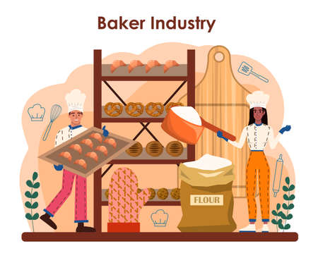 Baker concept. Chef in the uniform baking bread. Baking pastryのイラスト素材
