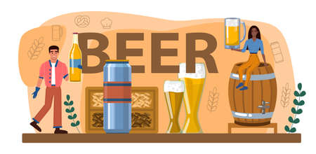 Beer typographic header. Glass mug with dark or light, filtered or infilteredのイラスト素材