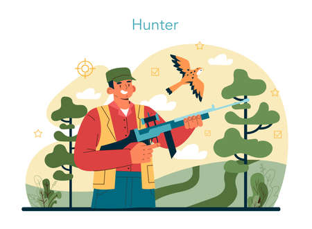 Hunter. Man with a weapon hunting in a woods with a dog. Hunting sportのイラスト素材