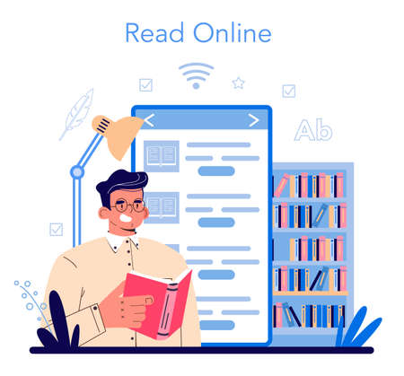 Librarian online service or platform. Library staff cataloguingのイラスト素材