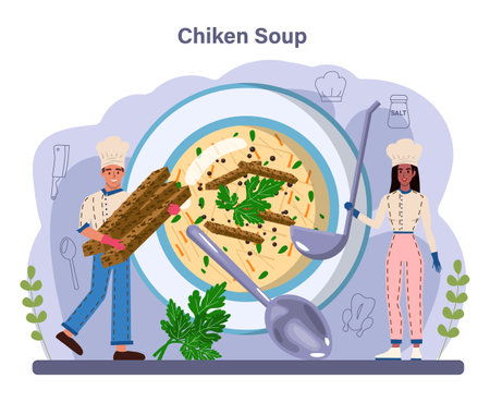 Chicken soup. Tasty bouillon with different ingredients. Chicken meatのイラスト素材