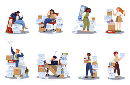 Office people with a lot of paperwork set. Deadline and busy lifestyleのイラスト素材