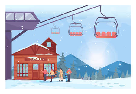 Skiing resort service. Male and female characters standing in a queue.のイラスト素材