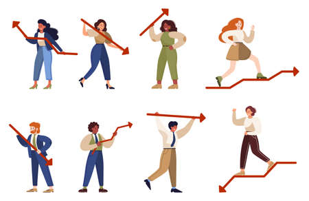 Business people pointing to something with big arrow set Female and maleのイラスト素材