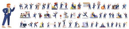 Businessman character set. Poses and meeting, data and hero. Character