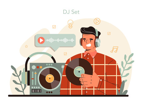 DJ concept. Person standing at turntable mixer make music in club.のイラスト素材