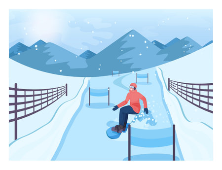 Snowboard cross. Male characters on snowboard. Snowboarder riding downのイラスト素材